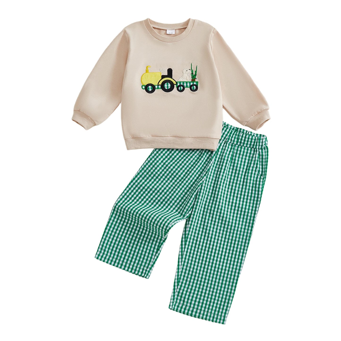 Boys' Long Sleeve Duck Embroidery Top & Plaid Pants Set