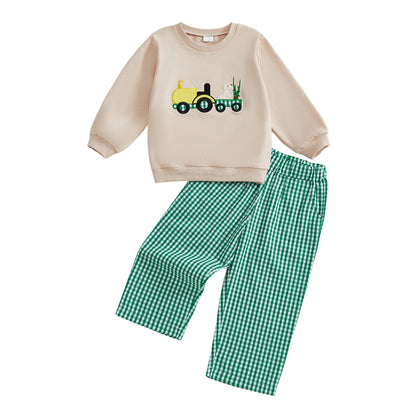 Boys' Long Sleeve Duck Embroidery Top & Plaid Pants Set