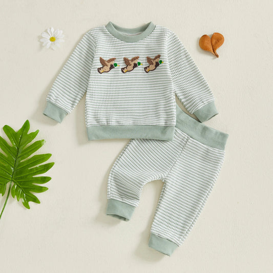 Toddler Boys' Duck Embroidery Long Sleeve Top & Striped Pants Set