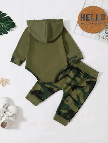 Baby Boy Hoodie and Camouflage Pants Set for Spring and Autumn