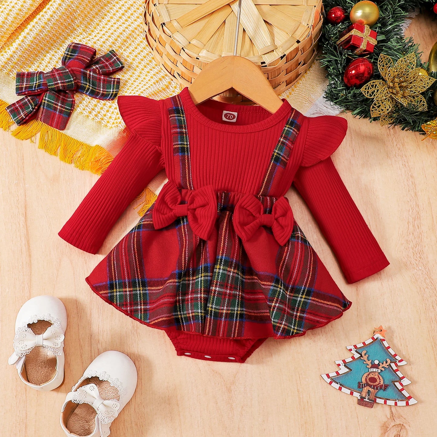 Tree Print Red Corduroy Baby Girl Dress for New Year's Eve