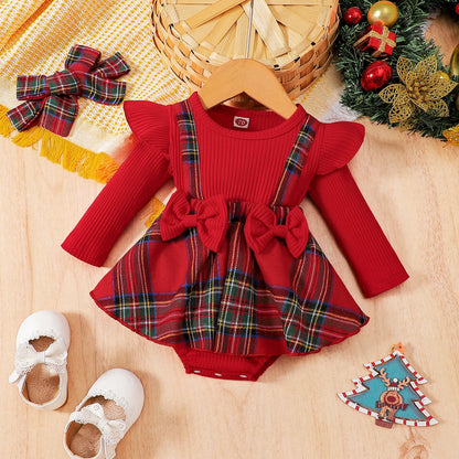 Tree Print Red Corduroy Baby Girl Dress for New Year's Eve