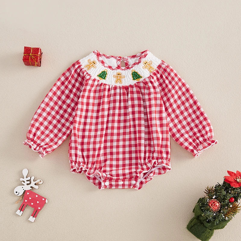 Baby Girl Christmas Plaid Bubble Romper with Embroidery