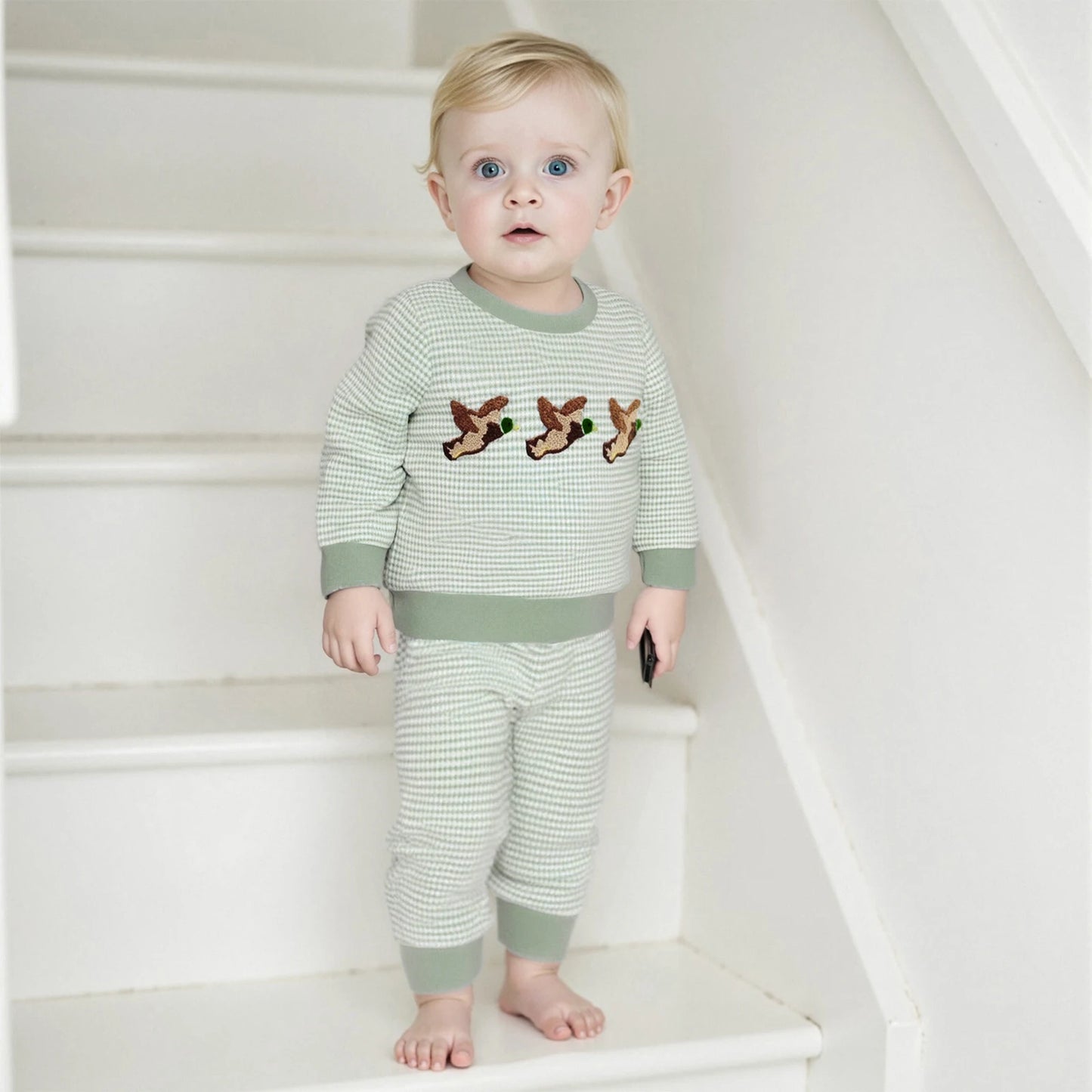 Boys' Long Sleeve Duck Embroidery Top and Striped Pants Set