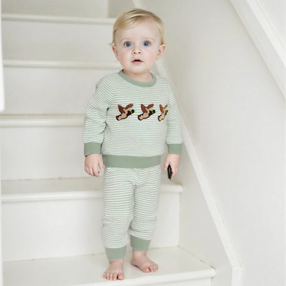 Boys' Long Sleeve Duck Embroidery Top and Striped Pants Set