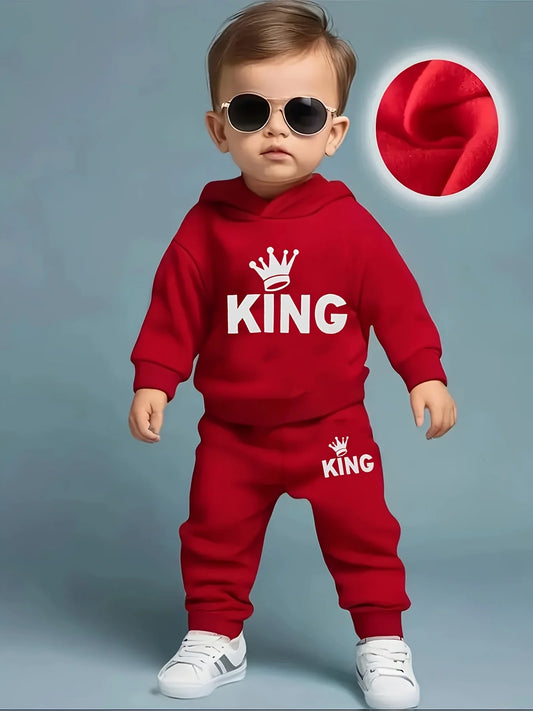 Baby Boy Fleece Hoodie and Pants Set with Crown Design