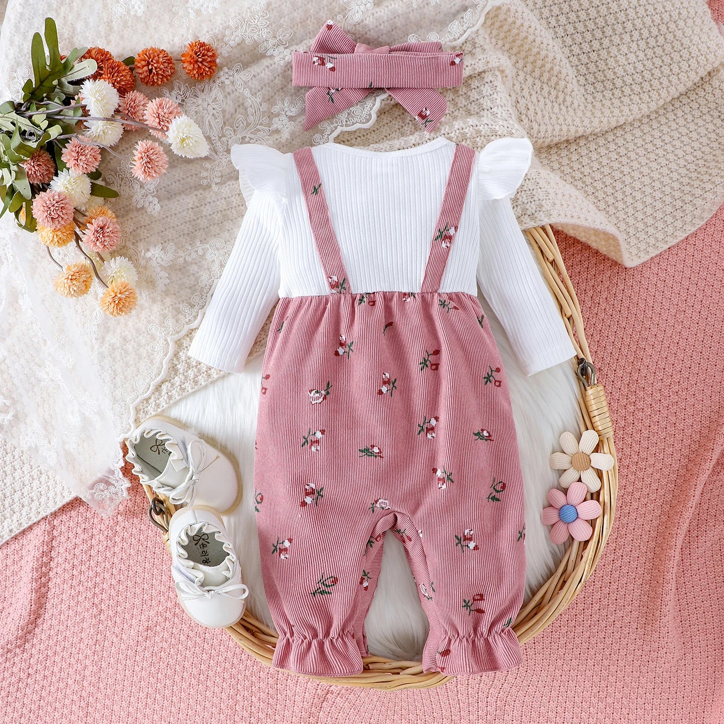 Floral Long Sleeve Romper Set for Baby Girls with Bow Headband