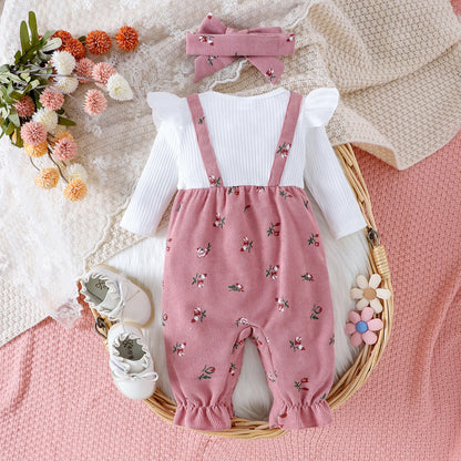 Floral Long Sleeve Romper Set for Baby Girls with Bow Headband