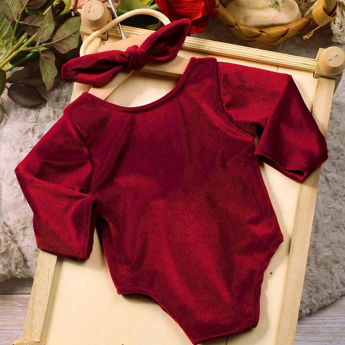 Newborn Baby Girl Burgundy Velvet Christmas Romper Set