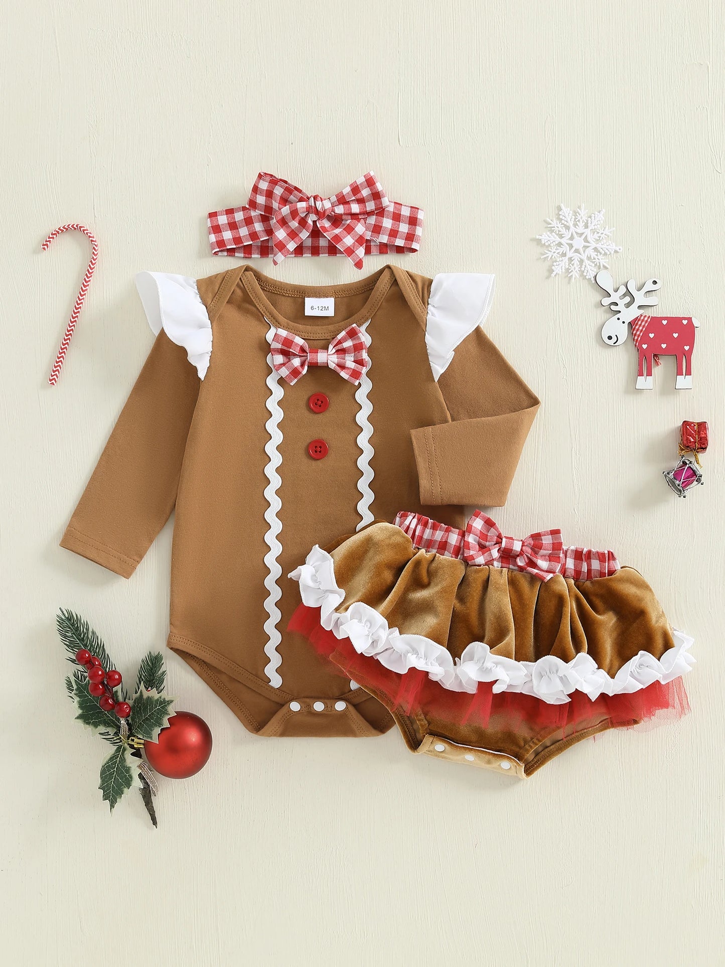 Newborn Baby Girl Gingerbread Christmas Romper & Headband Set