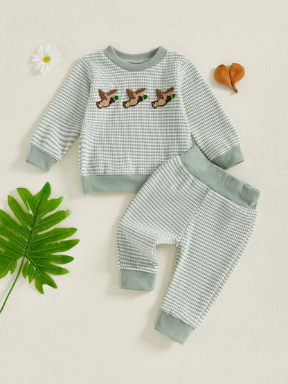 Boys' Long Sleeve Duck Embroidery Top and Striped Pants Set