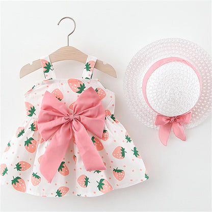 Strawberry Print Baby Girl Dress with Bow and Hat