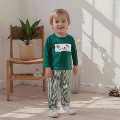 Toddler Boy Duck Embroidered Long Sleeve Top with Plaid Pants Set