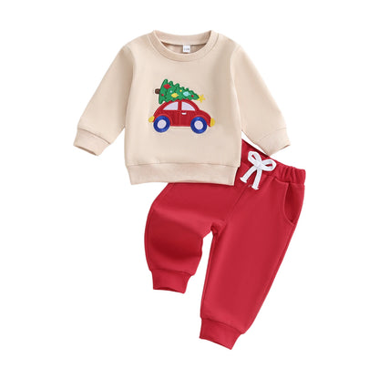 Toddler Boy Christmas Sweatshirt and Jogger Set with Tree Car