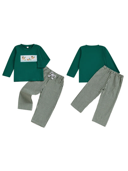 Toddler Boy Duck Embroidered Long Sleeve Top with Plaid Pants Set