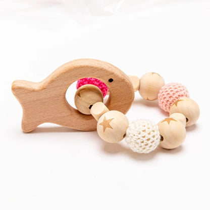 Wooden Animal Teether and Rattle Toy for Babies