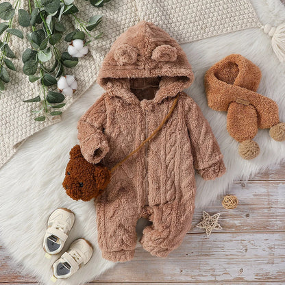 Boys' Plush Hooded Zip Jumpsuit for Newborn Winter Wear