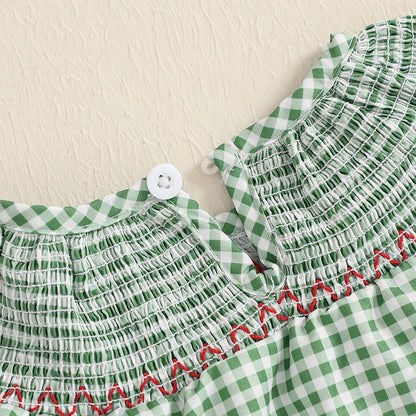 Baby Girl Christmas Plaid Bubble Romper with Embroidery
