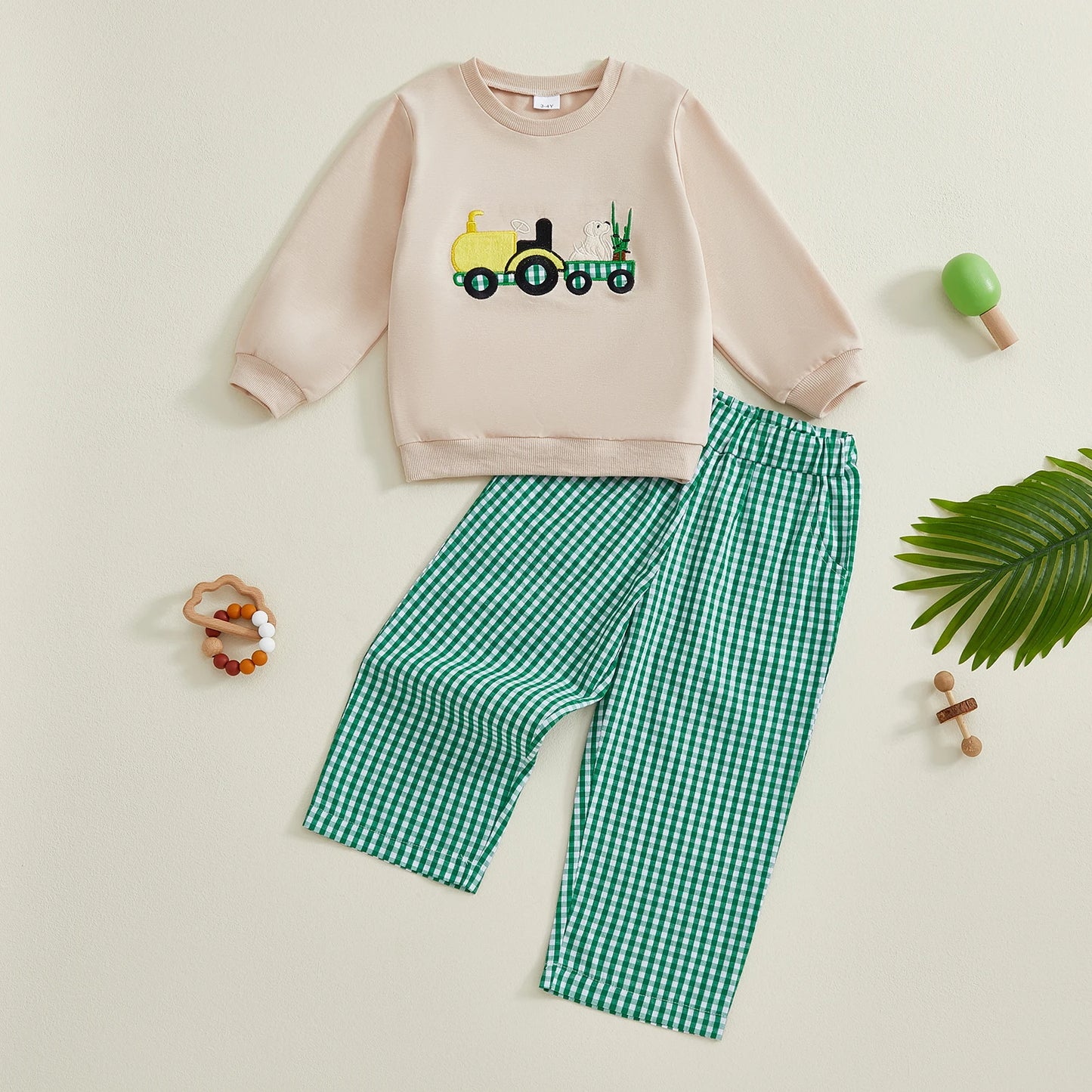 Boys' Long Sleeve Duck Embroidery Top & Plaid Pants Set