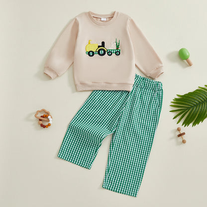 Boys' Long Sleeve Duck Embroidery Top & Plaid Pants Set