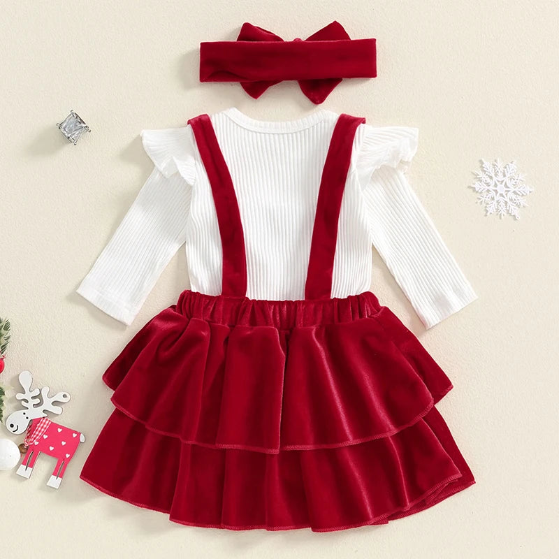 Newborn Baby Girl Christmas Romper Skirt Set with Headband