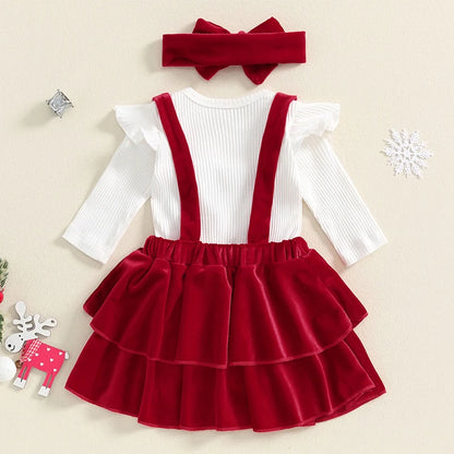 Newborn Baby Girl Christmas Romper Skirt Set with Headband