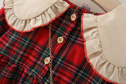 Red Plaid Baby Dress Set with Rabbit Doll for Girls