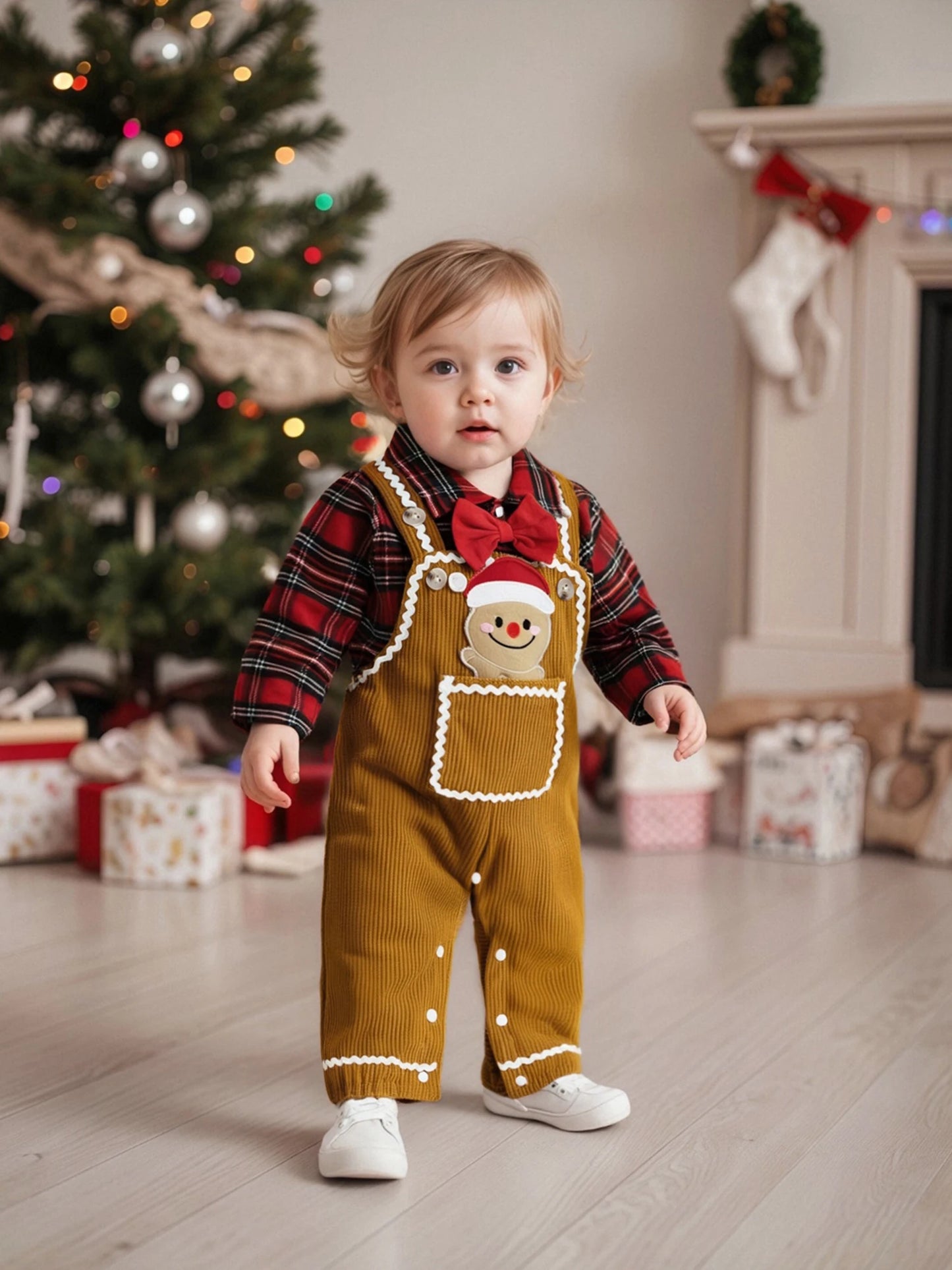 Baby Boys Christmas Plaid Romper with Gingerbread Embroidery