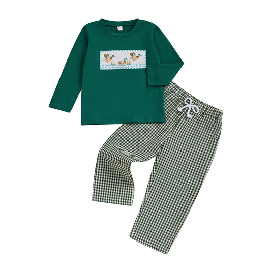 Toddler Boy Duck Embroidered Long Sleeve Top with Plaid Pants Set