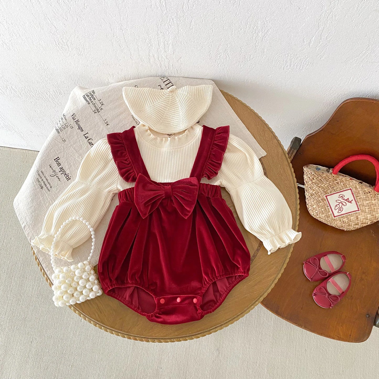 Burgundy Velvet Baby Romper with Bow and Ruffle 0-24M