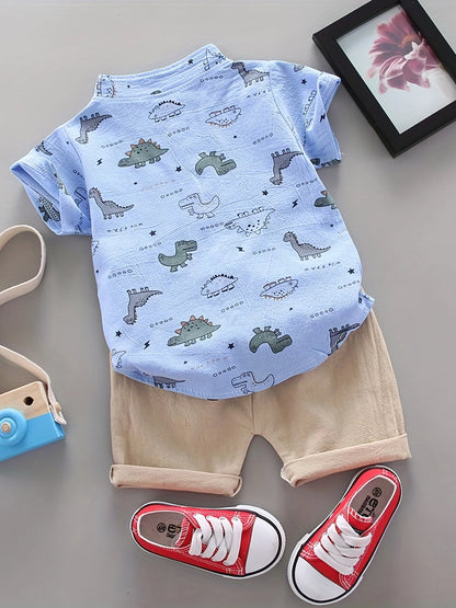 Dinosaur Print Short Sleeve Outfit Set for Infants and Toddlers