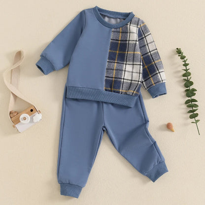 Kids Autumn Plaid Outfit Set with Long Sleeve Tops and Pants