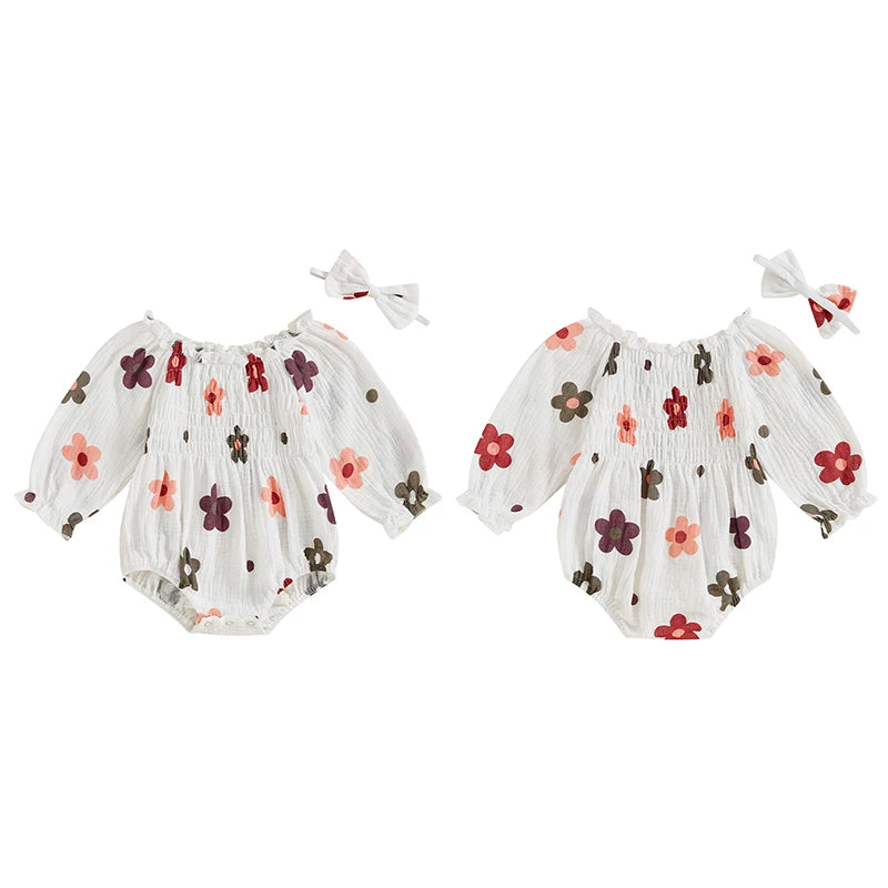 Autumn Floral Ruffled Bodysuit Set for Baby Girls with Headband