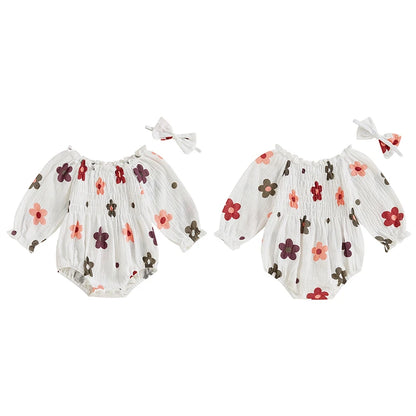Autumn Floral Ruffled Bodysuit Set for Baby Girls with Headband