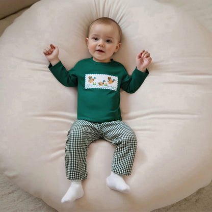 Toddler Boy Duck Embroidered Long Sleeve Top with Plaid Pants Set