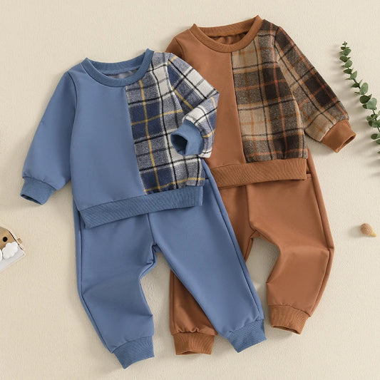 Kids Autumn Plaid Outfit Set with Long Sleeve Tops and Pants