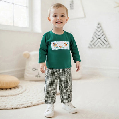 Toddler Boy Duck Embroidered Long Sleeve Top with Plaid Pants Set