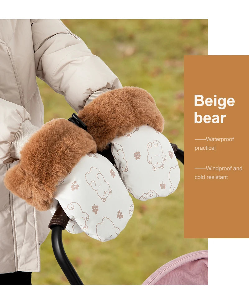 Winter Stroller Gloves – Windproof, Warm, Cute Bear Design, Waterproof Pram Accessory