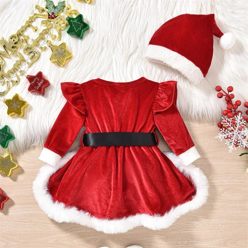 Baby Girls Christmas Velvet Romper with Santa Hat 0-18 Months