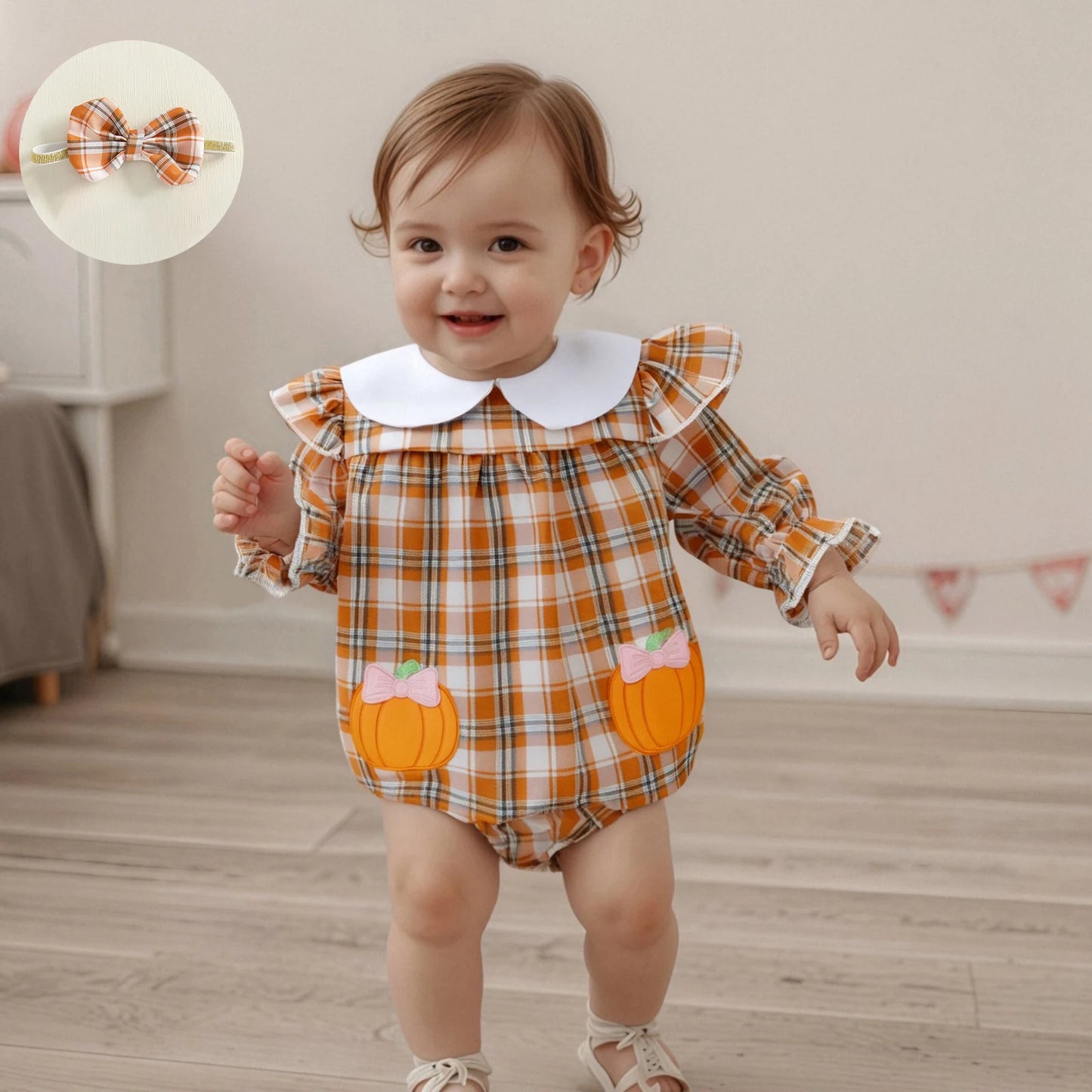 Baby Girls Plaid Romper with Embroidered Collar & Headband Set
