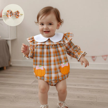 Baby Girls Plaid Romper with Embroidered Collar & Headband Set