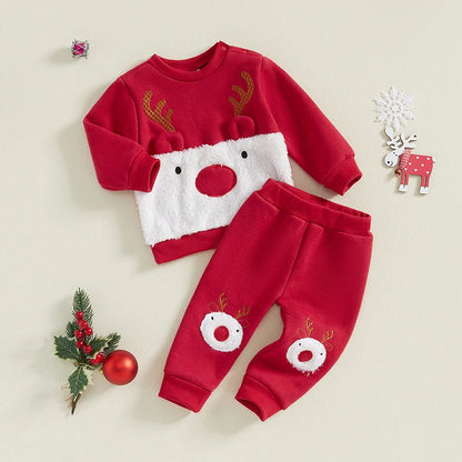 Reindeer Embroidered Toddler Christmas Outfit 2-Piece Set