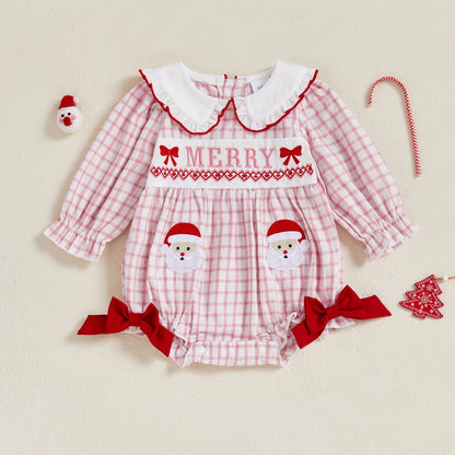Christmas Baby Girl Bodysuit with Santa Embroidery and Collar