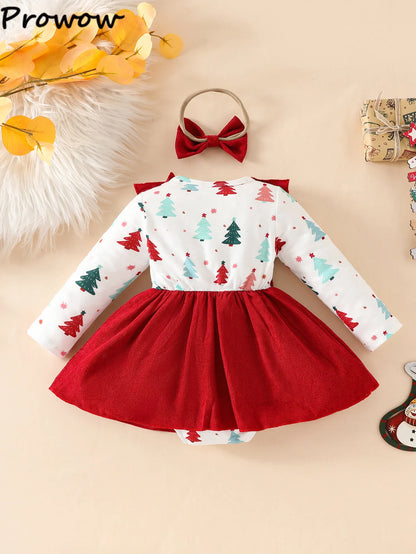 Tree Print Red Corduroy Baby Girl Dress for New Year's Eve