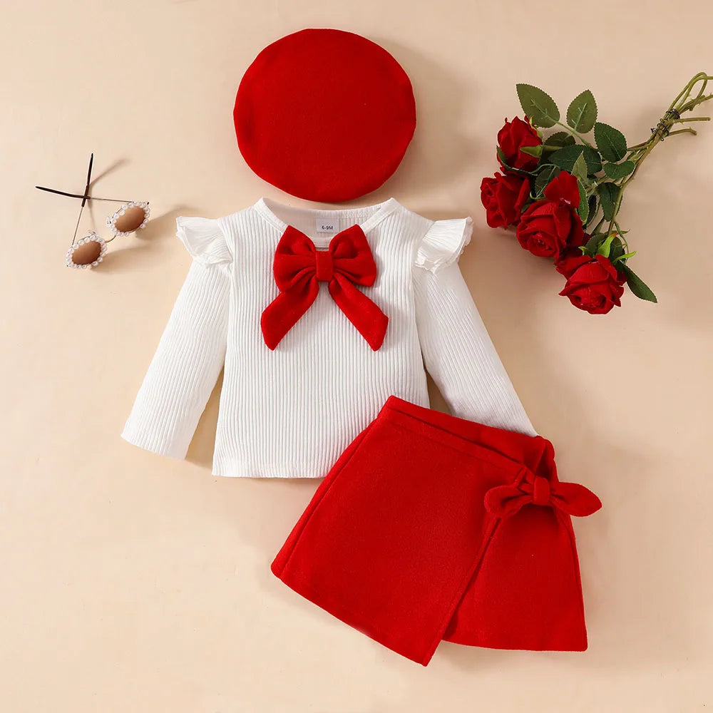 Toddler Girls Christmas Outfit Set with Bow Top and Skirt