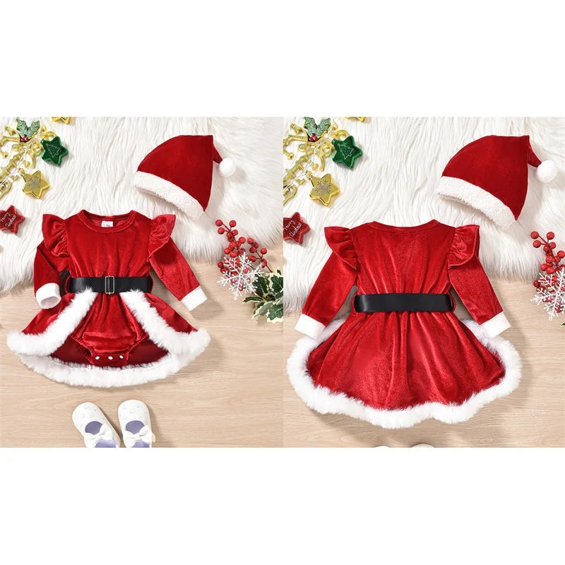 Baby Girls Christmas Velvet Romper with Santa Hat 0-18 Months