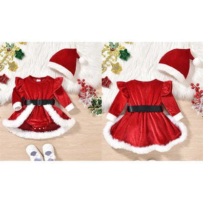 Baby Girls Christmas Velvet Romper with Santa Hat 0-18 Months