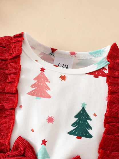 Tree Print Red Corduroy Baby Girl Dress for New Year's Eve