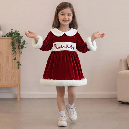 Baby Girl Christmas Velvet Dress with Santa Hat Set