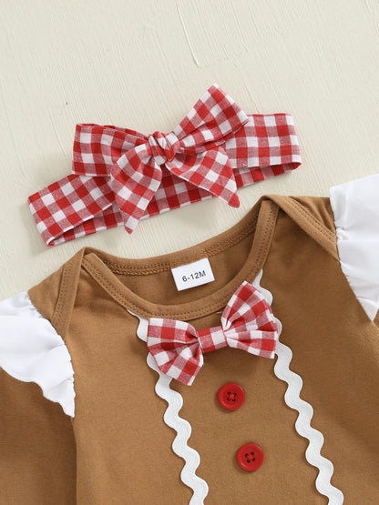 Newborn Baby Girl Gingerbread Christmas Romper & Headband Set